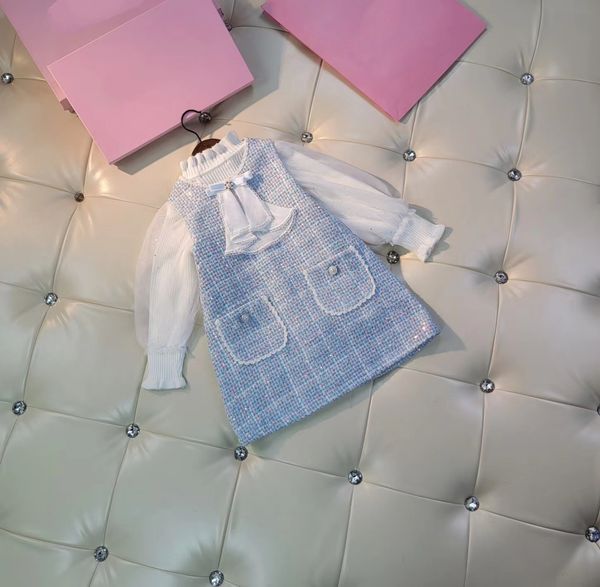 

autumn kid girl blue color clothing sets set 100-150cm fashion designer baby girls dresses clothes boutique send with box, White