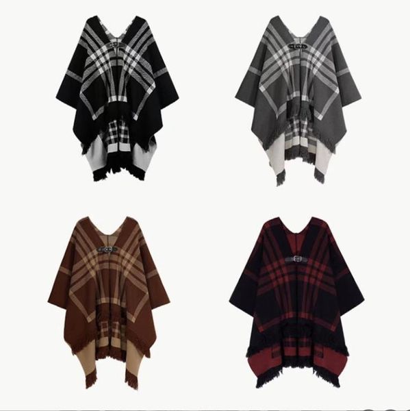 

women's plaid sweater cape fringe poncho knit loose vintage patterned cardigan open front for fall winter plus size, Black