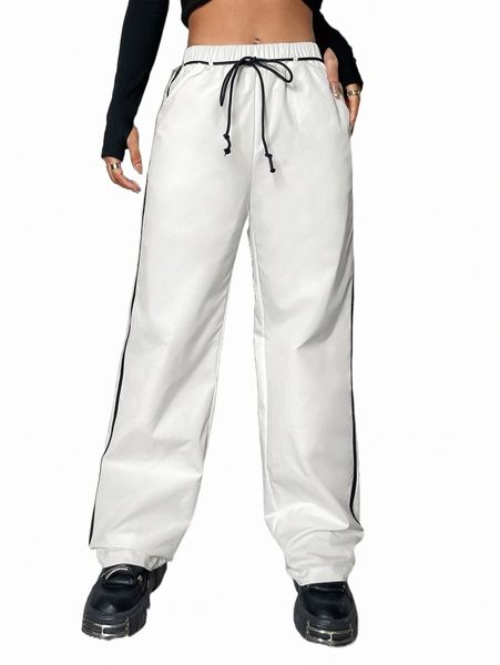 

women's pants & capris contrast binding drawstring waist pants p4p3#, Black;white