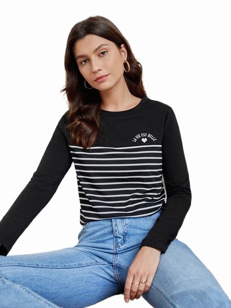 

women's t-shirt embroidery slogan striped print tee 20hq#, White