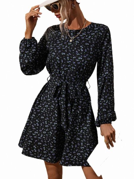 

casual dresses ditsy floral lantern sleeve belted dress o6bh#, Black;gray