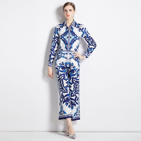 

2022 paisley print pant set two piece designer sets women long sleeve button shirt and wide leg trousers vintage casual woman suit spring au, White