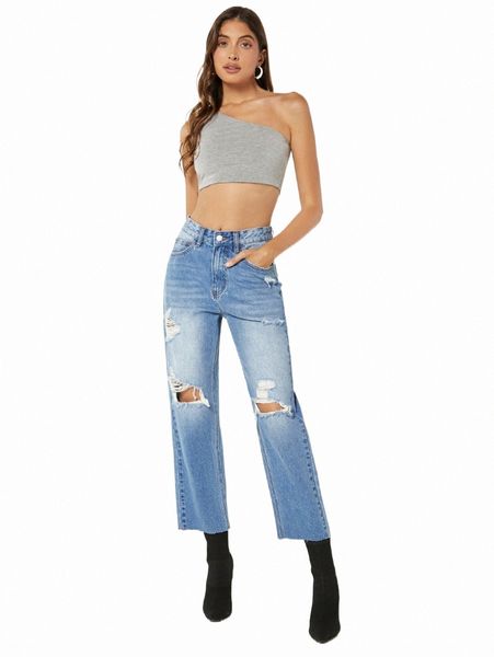 

women's jeans blues ripped raw cut straight leg jeans 43w1#, Blue