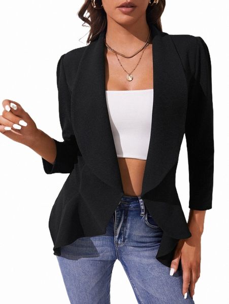 

women's two piece pants tall shawl collar open front blazer 9208#, White