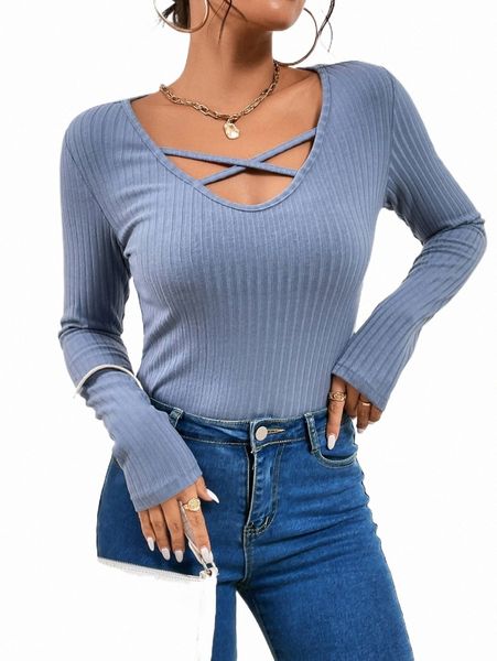 

women's t-shirt crisscross front ribbed knit tee z98f#, White