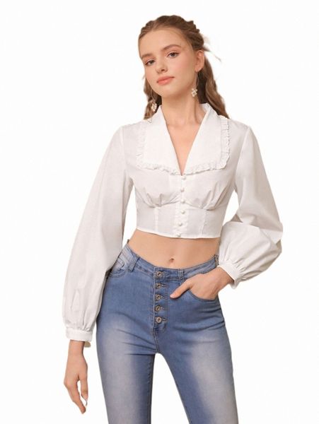 

women's blouses & shirts mod solid ruffle trim bishop sleeve blouse m7wq#, White