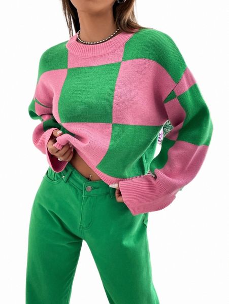 

women's sweaters checkered pattern drop shoulder sweater x7qf#, White;black