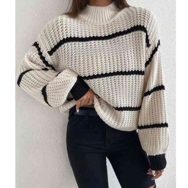 

women's sweaters new round neck knitting solid color pullover long sleeve temperament commuting elegant striped sweater, White;black