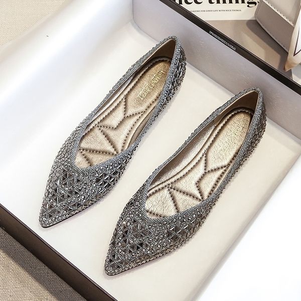 

dress shoes famous brand rivets flats women pointed toe glitter beading ballerian shoes shallow mouth sequined cloth moccasins plus size 43, Black