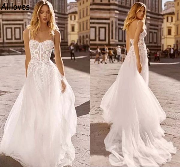 

boho a line wedding dresses spaghetti straps lace appliqued tulle beach bridal gowns sweep train backless plus size reception dress robes de, White