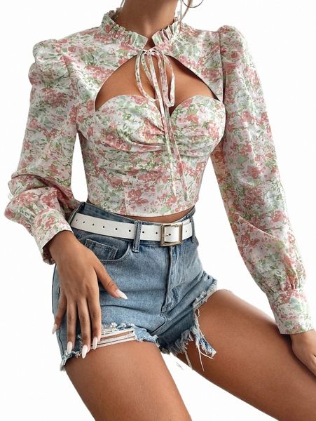 

women's blouses & shirts floral print tie front cut out crop blouse e2xk#, White