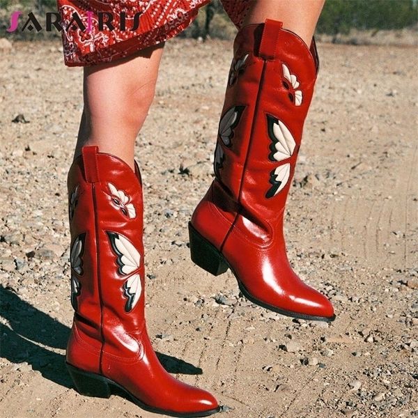 

boots brand autumn winter women's western mid calf chunky heels butterfly cowgirl cowboy long shoes for woman 220902, Black
