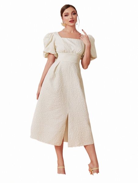 

casual dresses square neck puff sleeve split hem dress o9q0#, Black;gray