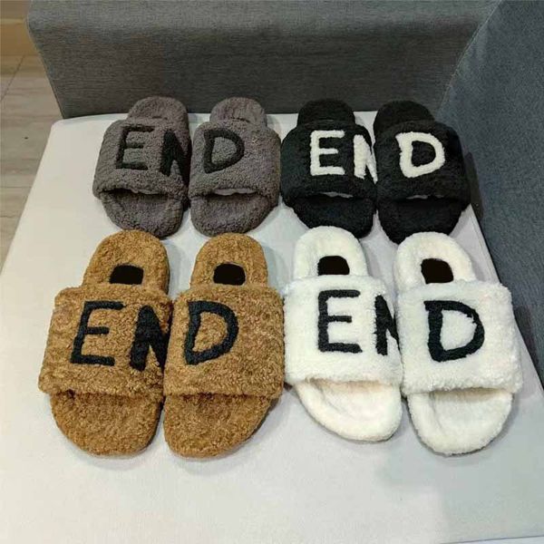 

fashion wool slippers designer fur slides for woman letters luxurious sandals flat heels open toe indoor plush shoes with box, Black