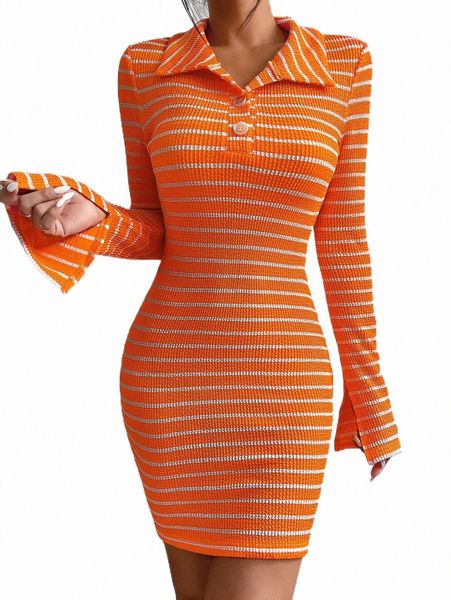 

casual dresses striped polo neck split cuff bodycon dress f0yh#, Black;gray