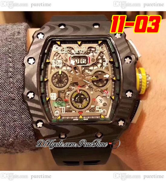 

2022 11-03 a21j automatic mens watch carbon fiber case black skeleton dial big date yellow crown rubber strap 8 styles watches puretime f6, Slivery;brown