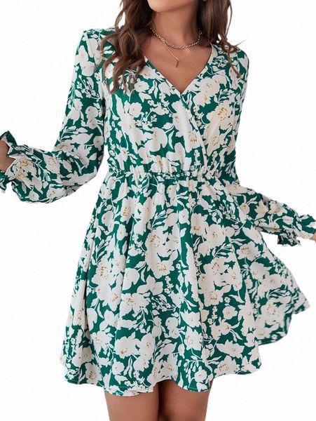 

casual dresses allover floral print flounce sleeve dress i9ee#, Black;gray