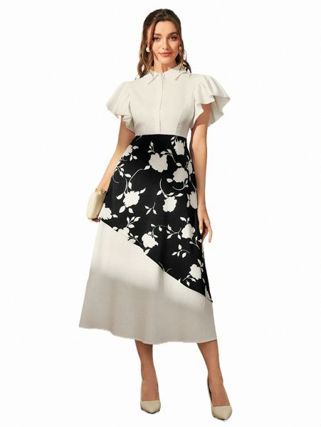 

casual dresses butterfly sleeve floral print shirt dress 180n#, Black;gray