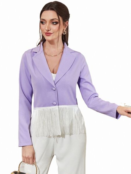 

women's two piece pants lapel neck fringe trim blazer d14u#, White