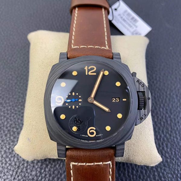 

vs factory 17 style diving watches mechanical movement 44mm carbon fiber casing leather strap watchband sapphire crystal glass super luminou, Slivery;brown