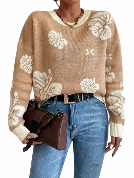 

women's sweaters floral pattern drop shoulder sweater s1z1#, White;black