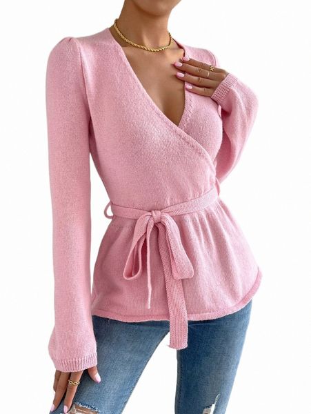 

women's sweaters surplice neck belted sweater o2ap#, White;black