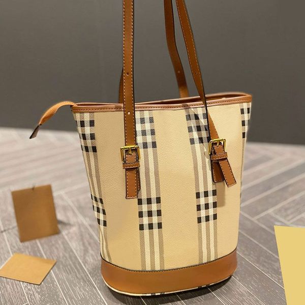 

canvas bucket bag plaid shoulder purse tartan handbag patchwork tote bags fashion leather shoulder strap inside pocket zipper classic wallet