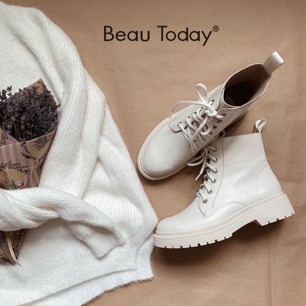 

boots beautoday ankle women genuine cow leather lace-up round toe lady booties autumn winter platform sole shoes handmade 03429 220902, Black