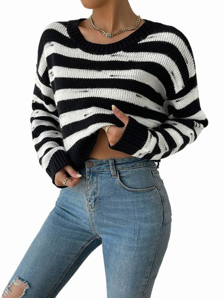 

women's sweaters striped pattern drop shoulder sweater x5hv#, White;black