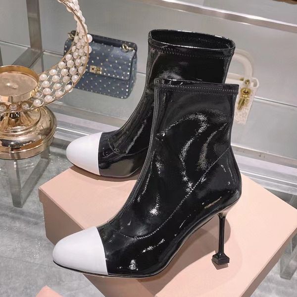 

luxury brand winter boots women slim boot patent leather stiletto high heels ladies shoes runway designers short botas factory footwer, Black