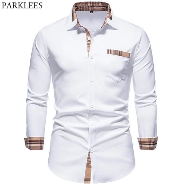 

men's casual shirts parklees autumn plaid patchwork formal for men slim long sleeve white button up shirt dress business office camisas, White;black