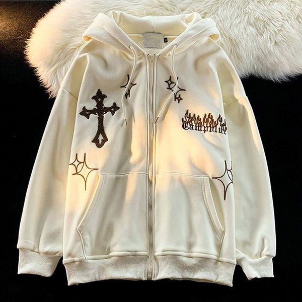 

men's hoodies zip up hoodie y2k goth embroidery women harajuku retro hip hop jacket high street sweatshirt man streetwear coat, Black
