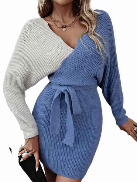 

women's sweaters two tone scallop trim batwing sleeve belted sweater dress v13p#, White;black