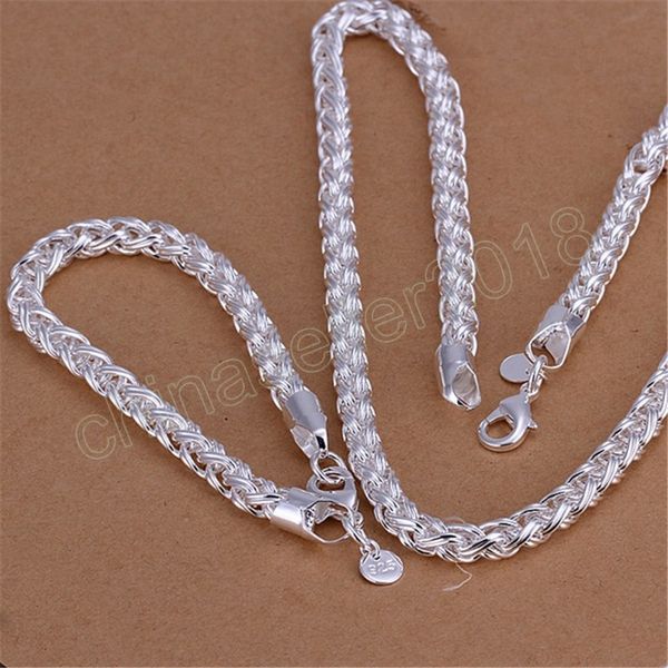 

fashion 925 silver color bracelet necklace jewelry sets for women men classic 6mm twisted circle chain fashion party gift