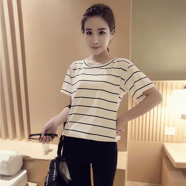 

women classic striped t-shirts loose t shirts fit thin short sleeve o-neck, White
