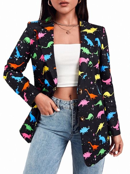 

women's two piece pants dinosaur print single button blazer 37hd#, White