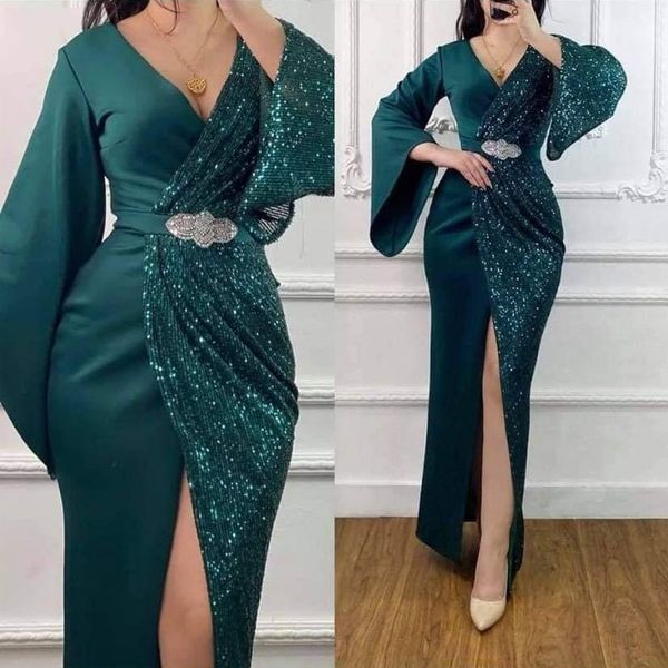 

green sequins mermaid muslim prom evening dresses long 2022 full sleeves v-neck slit formal evening gowns vestido de festa longo, Black