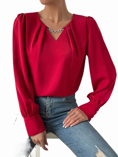 

women's blouses & shirts chain detail bishop sleeve blouse 47pr#, White