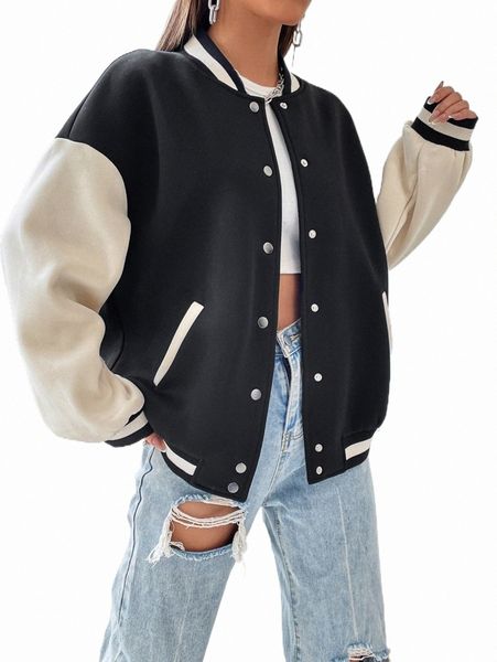 

women's jackets colorblock drop shoulder bomber jacket i2gn#, Black;brown