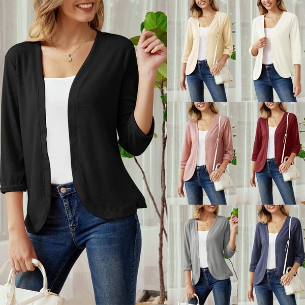 

women's knits cardigan ninth sleeves solid color casual small jacket women's polyester stitching 2022 autumn and winter panelled, White