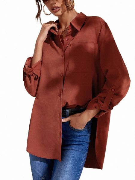 

women's blouses & shirts button front split hem shirt k3kx#, White