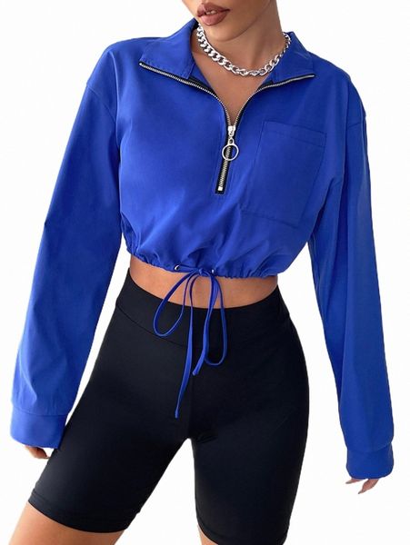 

women's jackets half zip drawstring hem crop jacket c0wq#, Black;brown