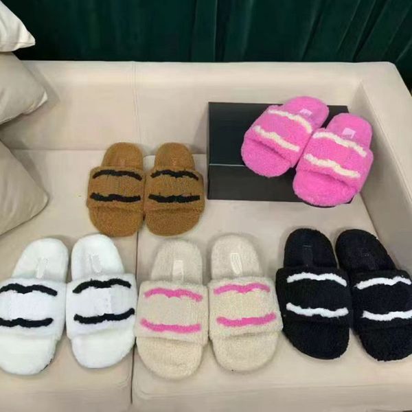 

2022 classic luxury designer women wool slides slippers fur fluffy furry warm letters sandals increased thick sole for warmth slipper shoes, Black