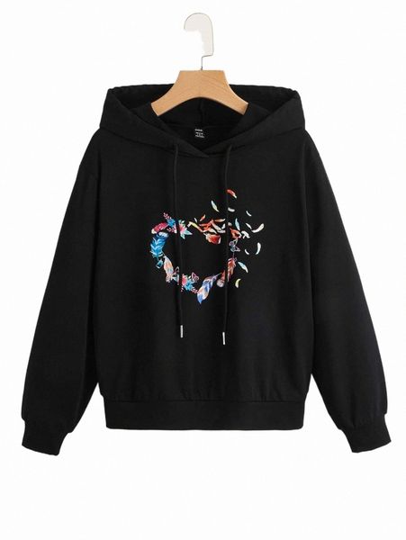 

women's hoodies & sweatshirts feather and floral print hoodie a3jg#, Black