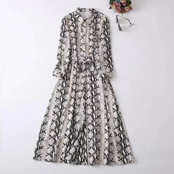 

casual dresses new european and american women's wear for winter 2022 leopard print belt with long sleeve lapel fashion pleated dress, Black;gray