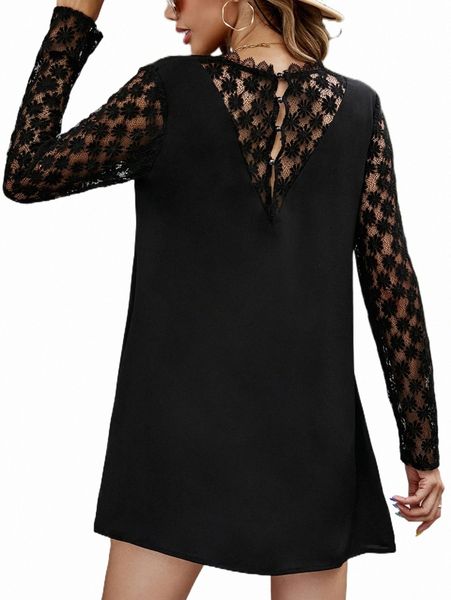 

casual dresses contrast lace scallop trim tunic dress n5rb#, Black;gray