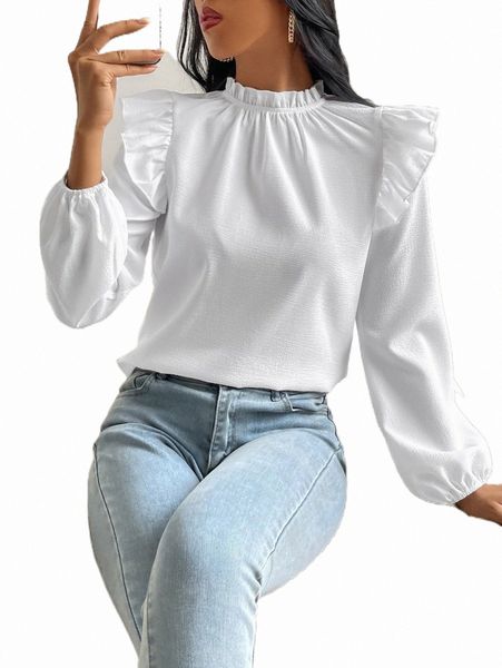 

women's blouses & shirts frill neck ruffle trim bishop sleeve blouse 38fe#, White