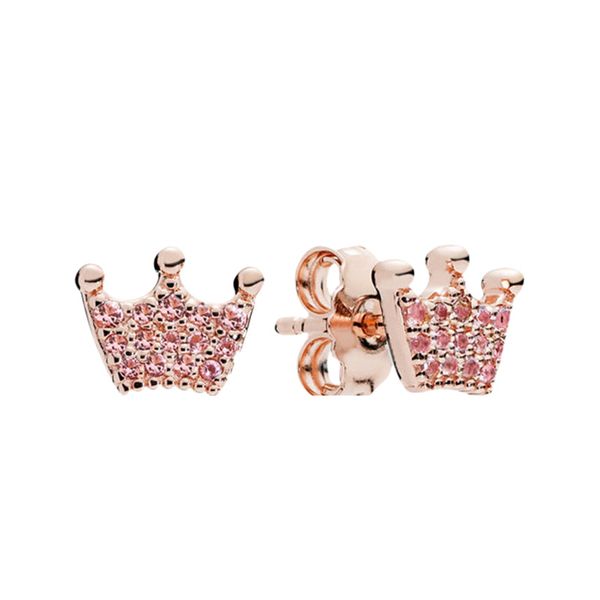 

cute women pink crown stud earring rose gold wedding jewelry with original box for pandora cz diamond real silver girlfriend gift earrings, Golden;silver