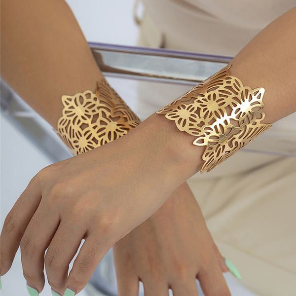 

exaggerated vintage big flower hollow out open bangles for women geometric wide cuff bracelet jewelry accessories gift, Black