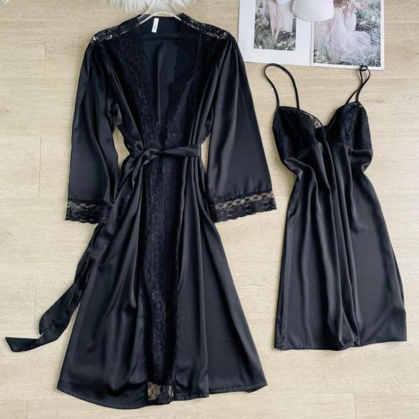 

spring summer robe sleepwear set nightwear lace satin patchwork kimono, Black;red